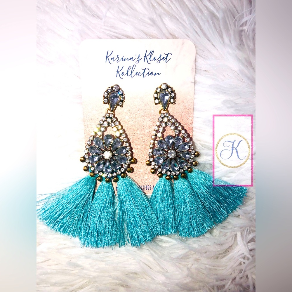 Teal Cinderella Tassel Bohemian Crystal Earrings, Prom Earrings, Gold Plated